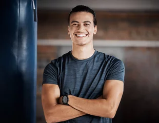 Stoff pro Meter Man, smile portrait and fitness in gym for exercise workout, boxing training and sports wellness mindset. Happy athlete, personal trainer success and relax happiness for cardio lifestyle in club © Jordan C/peopleimages.com