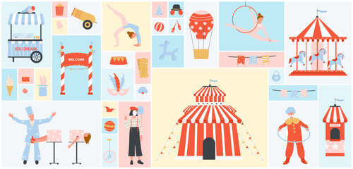 Cartoon clown, chapiteau tent, carousel, acrobat and magician, booth with tickets and ice cream in square collage background. Amusement park, carnival fair. Cute circus set vector illustration. © Flash Vector