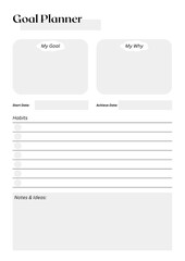Goal planner sheet, Minimal and clean printable planner template, Daily weekly monthly goals planner journal sheet
