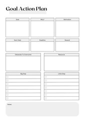 Goal Action planner sheet, Minimal and clean printable planner template, Daily weekly monthly goals planner journal sheet