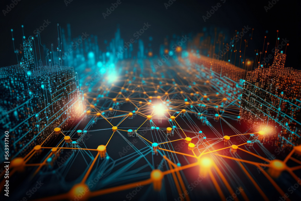 Wall mural Communication and technology network concept with moving lines and dots, concept of AI technology, Motion of digital data flow