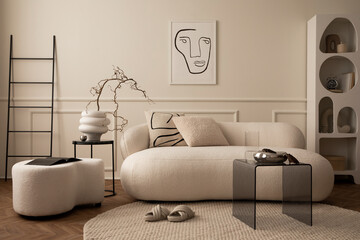 Interior design of living room interior with mock up poster frame, white sofa, modern pouf, glass...
