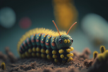 Cute beautiful caterpillar in nature, closeup, macro, generative ai - obrazy, fototapety, plakaty