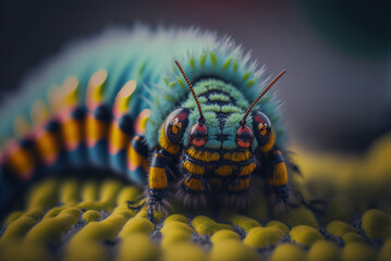 Cute beautiful caterpillar in nature, closeup, macro, generative ai