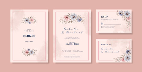 Beautiful pink wedding invitation template with watercolor flower