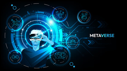 Metaverse digital cyber world technology, Man holding virtual reality glasses and line icon on blue abstract background, vector illustration.