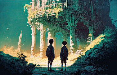 Two Boys Exploring An Ancient Ruin. Generative AI Illustration