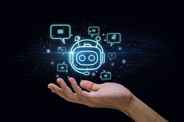 Artificial intelligence.Hand holding digital chatbot for provide access to information and data in...