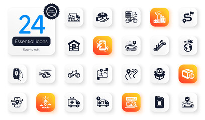 Set of Transportation flat icons. Transport insurance, Lighthouse and Road elements for web application. Delivery timer, Shuttle bus, Ambulance car icons. Canister oil, Food delivery. Vector