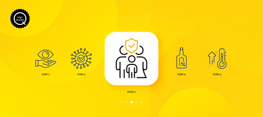 Fototapeta na wymiar Coronavirus, Alcohol free and Family insurance minimal line icons. Yellow abstract background. Health eye, High thermometer icons. For web, application, printing. Vector