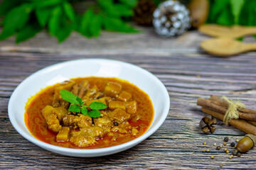 Chicken massaman curry fragrant spice strong flavor prepare on the dining table ready to eat is lunch for today.
