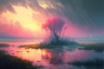A beautiful landscape of pink tones, a lonely tree of smoke and fog among the mountains, nature. A gentle spring explosion of colors. Illustration. Generative AI.