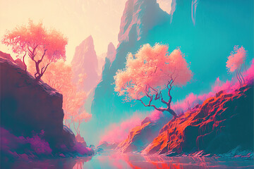 A beautiful landscape of pink tones, a lonely tree of smoke and fog among the mountains, nature. A gentle spring explosion of colors. Illustration. Generative AI.
