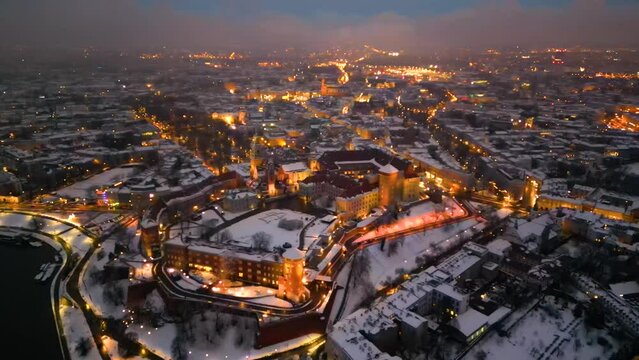 Winter aerial footage of Wawel Cathedral in Cracow, Krakow, Poland, Polska
