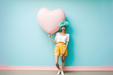 A young beautiful girl who looks like a model in the city center, in front of pastel wall background in a love costume with a huge heart shaped balloon. Illustration. Generative AI.