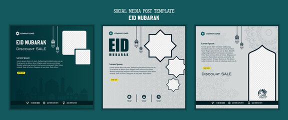 Fototapeta na wymiar Set of social media post template, square background with green white color and simple ornament design for islamic party