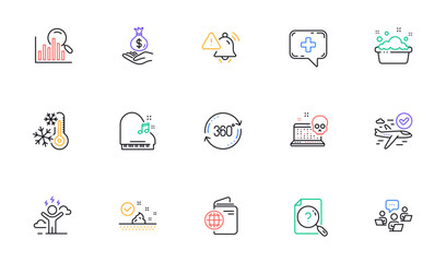 Search document, Search and Confirmed flight line icons for website, printing. Collection of Income money, Piano, Hand washing icons. Attention bell, Travel passport, Skin care web elements. Vector