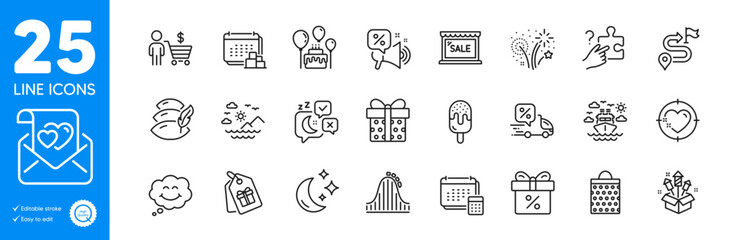 Outline icons set. Discount offer, Sale and Account icons. Pillow, Moon, Love letter web elements. Smile, Gift box, Heart target signs. Roller coaster, Coupons, Delivery discount. Sleep. Vector