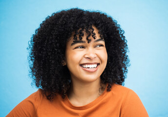 Black woman, happy and thinking face in blue background studio for empowerment support, positive mindset and confident. Young african girl, smile and happiness vision, ideas or thoughtful looking - obrazy, fototapety, plakaty