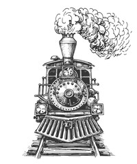 Vintage steam locomotive, engraving style illustration. Hand drawn retro train, sketch