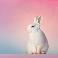 Cute little white Easter bunny on pastel fresh Spring background. Little rabbit. Close up of animal. Illustration. Generative AI.