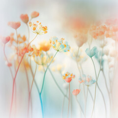 Soft pastel Spring background with fresh, blossom flowers and leaves in mist, smoke and Spring dew. Illustration. Generative AI.
