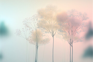 Soft pastel Spring background with fresh, wooded landscape of meadow and forest with trees in mist, smoke and Spring dew. Illustration. Generative AI.