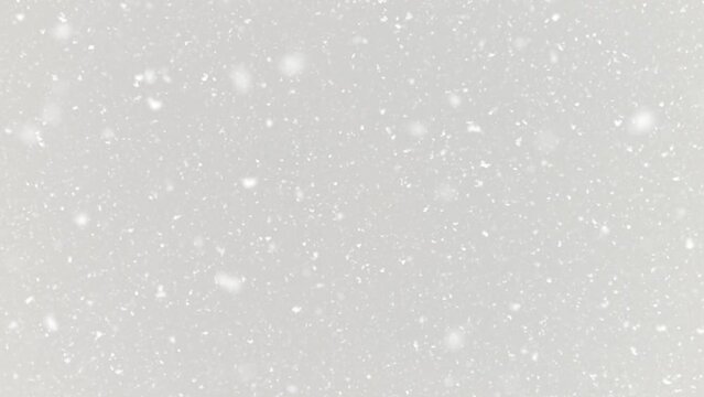 Falling large and small snowflakes on light background with slow motion