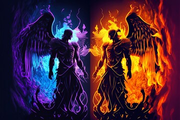 Fight between fantastic creatures, fight between angels and demons
