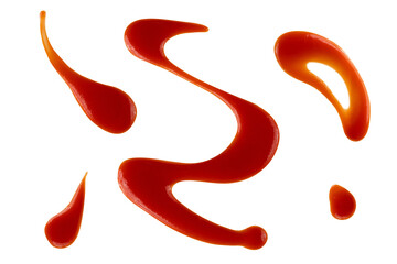 Red drops and splashes of ketchup or sauce isolated on white background. With clipping path. Full depth of field. Focus stacking. PNG - obrazy, fototapety, plakaty