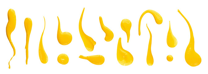 Set of yellow drops and splashes of cheese sauce or mustard isolated on white background. With clipping path. Full depth of field. Focus stacking. PNG