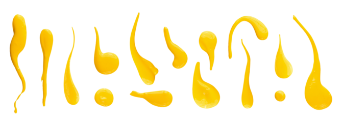 Set of yellow drops and splashes of cheese sauce or mustard isolated on white background. With clipping path. Full depth of field. Focus stacking. PNG