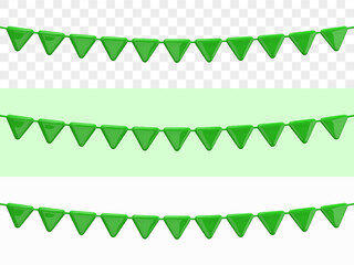 Garland of Green Flags. Festive party decorative design. Realistic 3d design template in plastic cartoon style. Isolated on transparent, green and white background. 3D Vector illustration