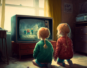 Children watching television - illustration - Generative AI