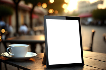 Tablet computer with blank screen on blurred street cafe background. Copy space. Generative AI