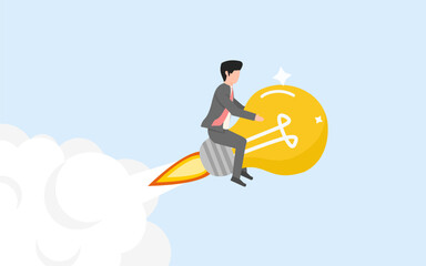 CREATIVITY CONCEPT. INNOVATION. BIG IDEAS. BUSINESSMAN DRIVES A LIGHT BULB THAT ACTS LIKE A ROCKET