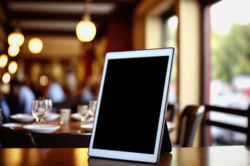 Tablet computer with blank screen on blurred restaurant background. Copy space. Generative AI