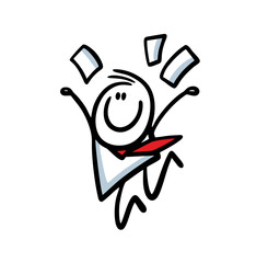 Hand drawn happy office employee jumps merrily and throws business papers.