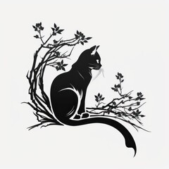 Elegant Minimal Cat Design Tattoo - A High-Quality Black and White Line Art Sketch