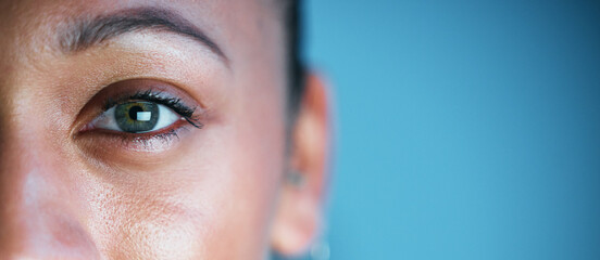 Eye, face and mockup with woman in portrait, vision and eye care with ophthalmology isolated on...