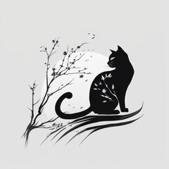 Elegant Minimal Cat Design Tattoo - A High-Quality Black and White Line Art Sketch