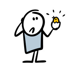 Doodle discouraged man holds an egg shell with a hatched chicken in his hand.