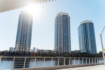 High skyscrapers and river landscape at the sunny summer day