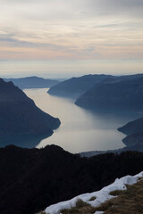 Iseo lake.
Panoramic view from the mountain of Iseo Lake in the winter season. Bergamo Alps.