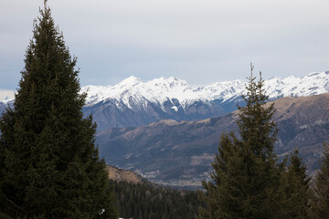 Winter panoramic view.
Panoramic view of mountain chain with snow in winter in a bad day. Bergamo alps.