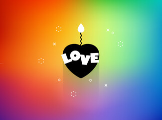 Bright Saint Valentine's card. Fuse and fire heart. Text LOVE. Abstract gradient background, rainbow pattern banner, party invitation. Explosive passion bomb concept. Hot love design illustration