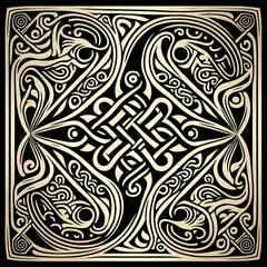 Ainu Traditional Folk Pattern in 1500s European Woodcut Style - Limited Color Palette of Black Ink Outlines on Full White Background
