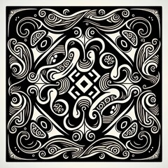 Ainu Traditional Folk Pattern in 1500s European Woodcut Style - Limited Color Palette of Black Ink Outlines on Full White Background