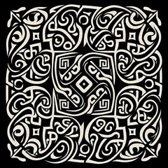 Ainu Traditional Folk Pattern in 1500s European Woodcut Style - Limited Color Palette of Black Ink Outlines on Full White Background