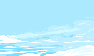 Blue sky with clouds background illustration, light blue sky with large wavy clouds, summer sky in sunny day in side view around the clouds with place for text